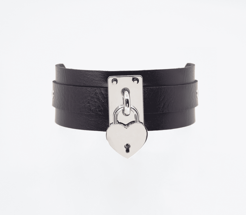 Love In Leather Heart Padlock Faux Leather Collar with Functional Lock - Silver - Collars and Leads