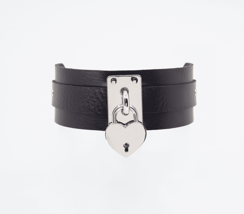 Love In Leather Heart Padlock Faux Leather Collar with Functional Lock - Collars and Leads