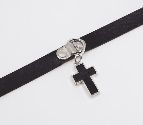 Love In Leather Cross Pendant Faux Leather Choker Gothic Alternative Style - Collars and Leads