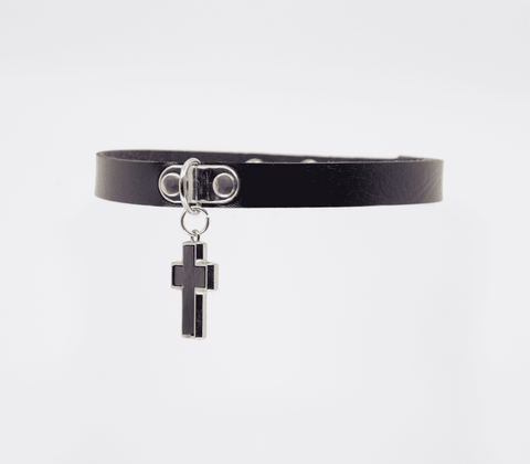 Love In Leather Cross Pendant Faux Leather Choker Gothic Alternative Style - Collars and Leads