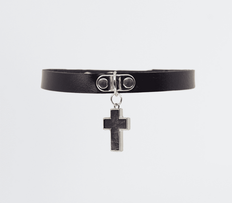 Love In Leather Cross Pendant Faux Leather Choker Gothic Alternative Style - Collars and Leads