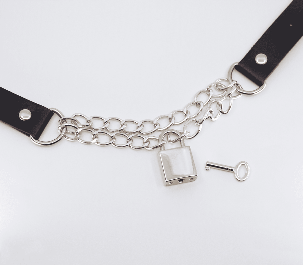 Love In Leather Chain Padlock Faux Leather Choker with Dual Chains and Key - - Collars and Leads