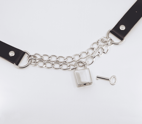Love In Leather Chain Padlock Faux Leather Choker with Dual Chains and Key - Collars and Leads