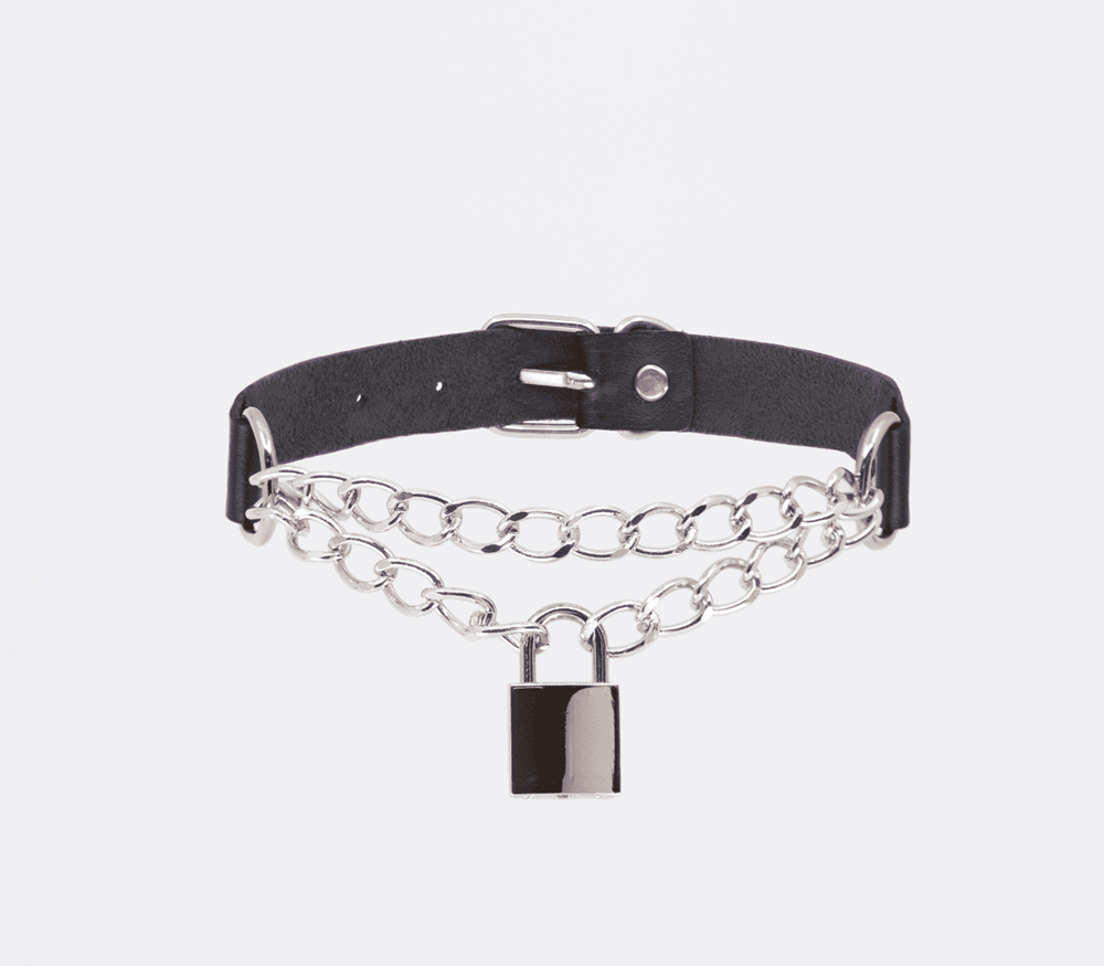 Love In Leather Chain Padlock Faux Leather Choker with Dual Chains and Key - Default Title - Collars and Leads