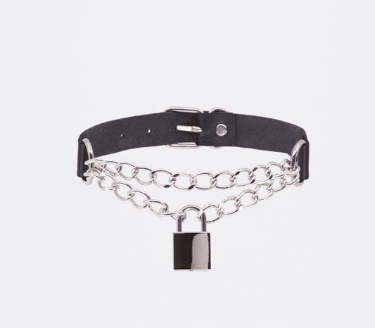 Love In Leather Chain Padlock Faux Leather Choker with Dual Chains and Key - Default Title - Collars and Leads
