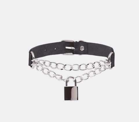 Love In Leather Chain Padlock Faux Leather Choker with Dual Chains and Key - Collars and Leads