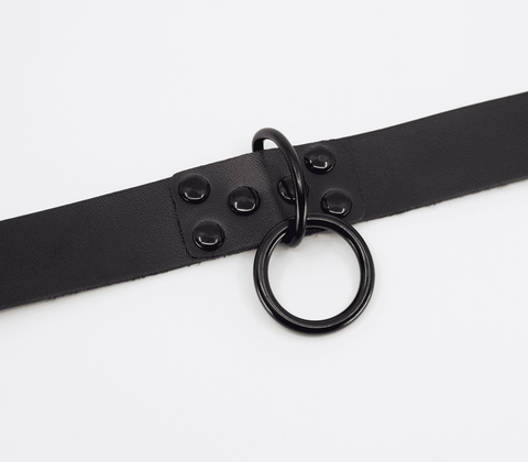 Love In Leather Black Ring Leather BDSM Choker with Dual Metal Rings - Collars and Leads