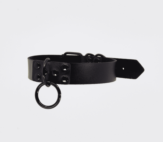 Love In Leather Black Ring Leather BDSM Choker with Dual Metal Rings - Default Title - Collars and Leads