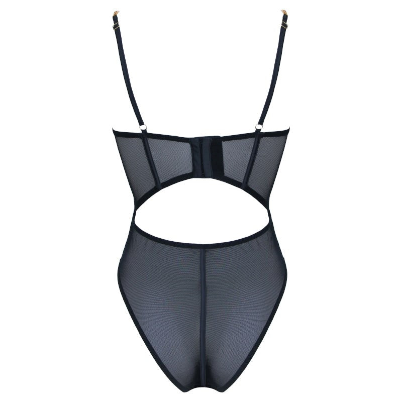 Muse Lingerie Sexy Soft Black Mesh Womens Bodysuit with Gold Chain Straps - Her Fetish