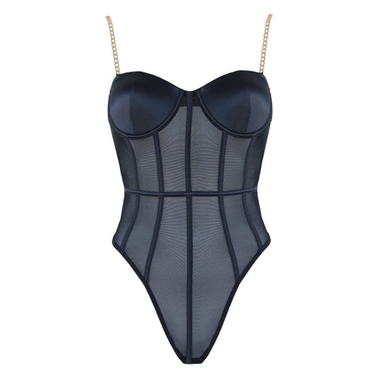 Muse Lingerie Sexy Soft Black Mesh Womens Bodysuit with Gold Chain Straps - Small - Her Fetish
