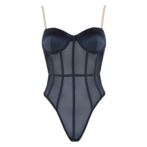 Muse Lingerie Sexy Soft Black Mesh Womens Bodysuit with Gold Chain Straps - Her Fetish