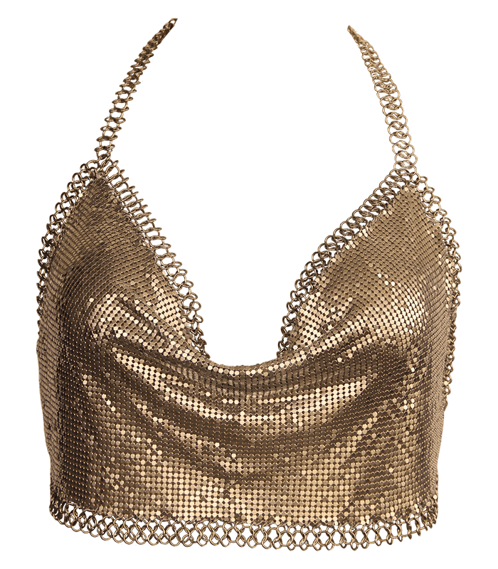 Muse Cropped Glomesh Clubwear Womens Top Gold Metallic Halter - Skirts And Club Wear