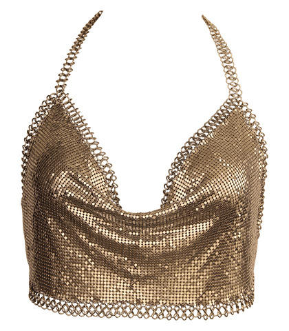 Muse Cropped Glomesh Clubwear Womens Top Gold Metallic Halter - Skirts And Club Wear