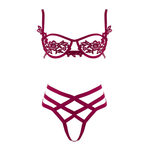 Muse Womens Bra with Cut Out Bust Red XL Open Cup Design with Matching G String - Her Fetish
