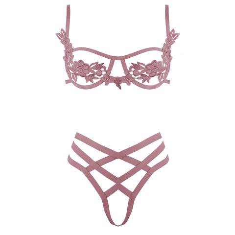 Muse Open Cup Bra With Embroidered Floral Applique Lingerie Set - Her Fetish