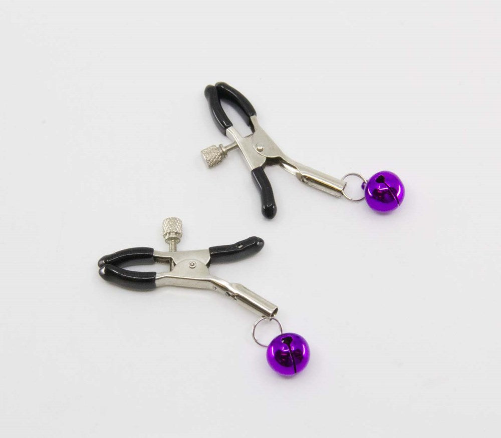 Love In Leather Womens Bells Nipple Clamps with Adjustable Pressure Control - Purple - Nipple and Clit Clamps