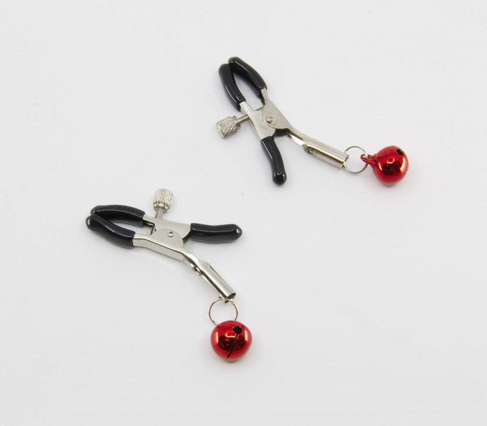 Love In Leather Womens Bells Nipple Clamps with Adjustable Pressure Control - Red - Nipple and Clit Clamps