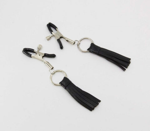 Love In Leather Leather Tassel Nipple Clamps with Kinetic Stimulation - Nipple and Clit Clamps