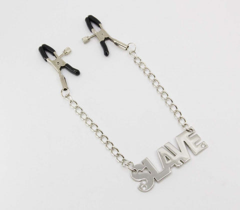 Love In Leather SLAVE Words Womens Nipple Clamps Heavy Chain Psychology - Nipple and Clit Clamps