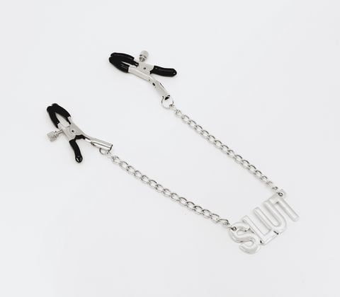 Love In Leather SLUT Written Womens Nipple Clamp with Bold Empowerment Design - Nipple and Clit Clamps