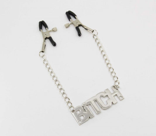 Love In Leather BITCH Words Womens Nipple Clamp with Heavyweight Chain Design - Default Title - Nipple and Clit Clamps