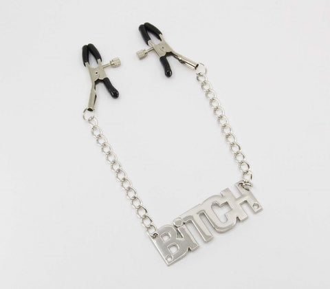 Love In Leather BITCH Words Womens Nipple Clamp with Heavyweight Chain Design - Nipple and Clit Clamps