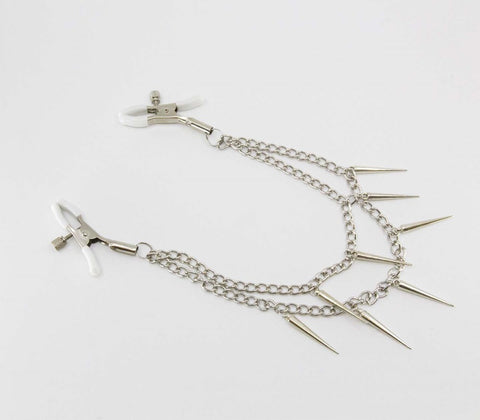 Love In Leather Spiked Chain Womens Nipple Clamps with Dramatic Spikes - Nipple and Clit Clamps