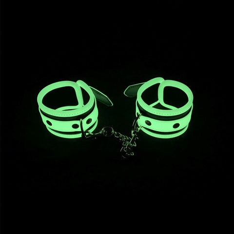 Love In Leather Glow In Dark Bondage Wrist Cuffs Photoluminescent Tech - Cuffs And Restraints