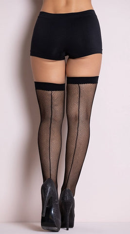 Love In Leather Fishnet Thigh Highs With Plain Band Top Contrast Seam - Fishnet and Thigh Highs