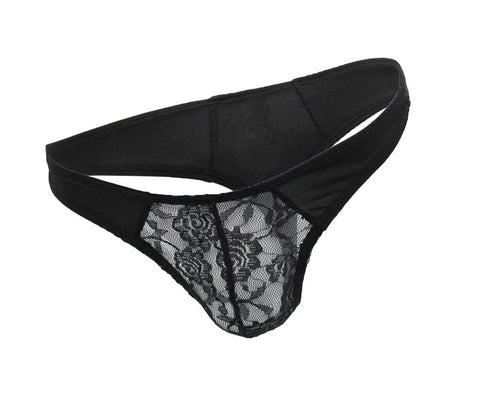 Love In Leather Mens Lace Pouch G String Black Dual Material Construction - Jocks and G-Strings