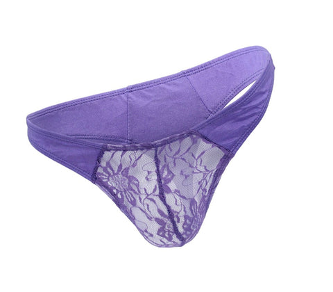 Love In Leather Mens Lace Front G String Purple Lace Pouch Design - Jocks and G-Strings