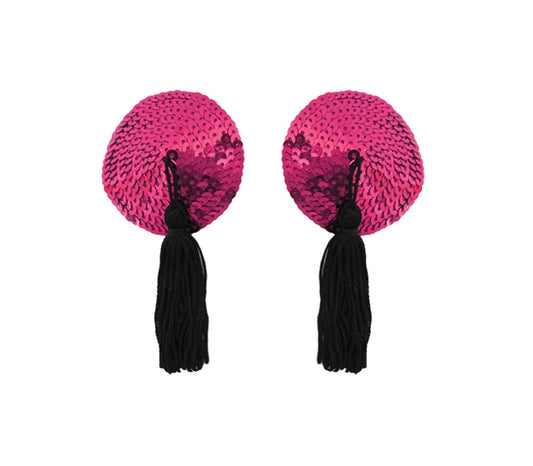 Love In Leather Round Sequin Sexy Nipple Tassels with Reusable Adhesive - Hot Pink - Breast and Nipple Toys