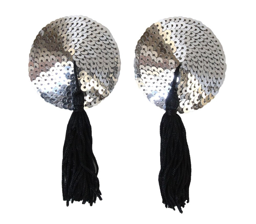 Love In Leather Round Sequin Sexy Nipple Tassels with Reusable Adhesive - Silver Black - Breast and Nipple Toys