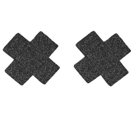 Love In Leather Satin Cross Womens Nipple Pasties Glow in Dark Effects - Black Glitter - Breast and Nipple Toys