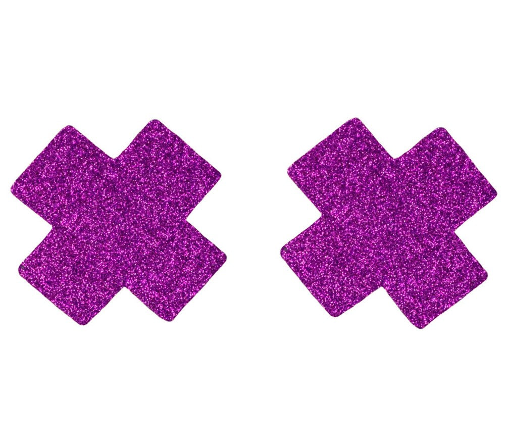 Love In Leather Satin Cross Womens Nipple Pasties Glow in Dark Effects - Purple Glitter - Breast and Nipple Toys