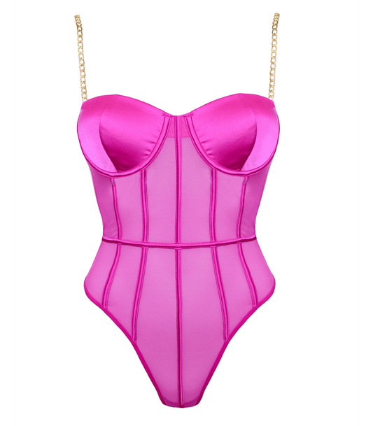 Muse Lingerie Soft Pink Mesh Sexy Womens Bodysuit with Gold Chain Details - Small - Her Fetish