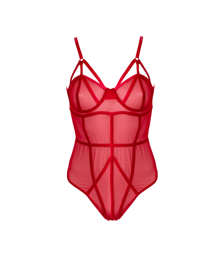 Muse Lingerie BDSM Play Sexy Womens Bodysuit Red with Harness Straps - Red Large - Her Fetish