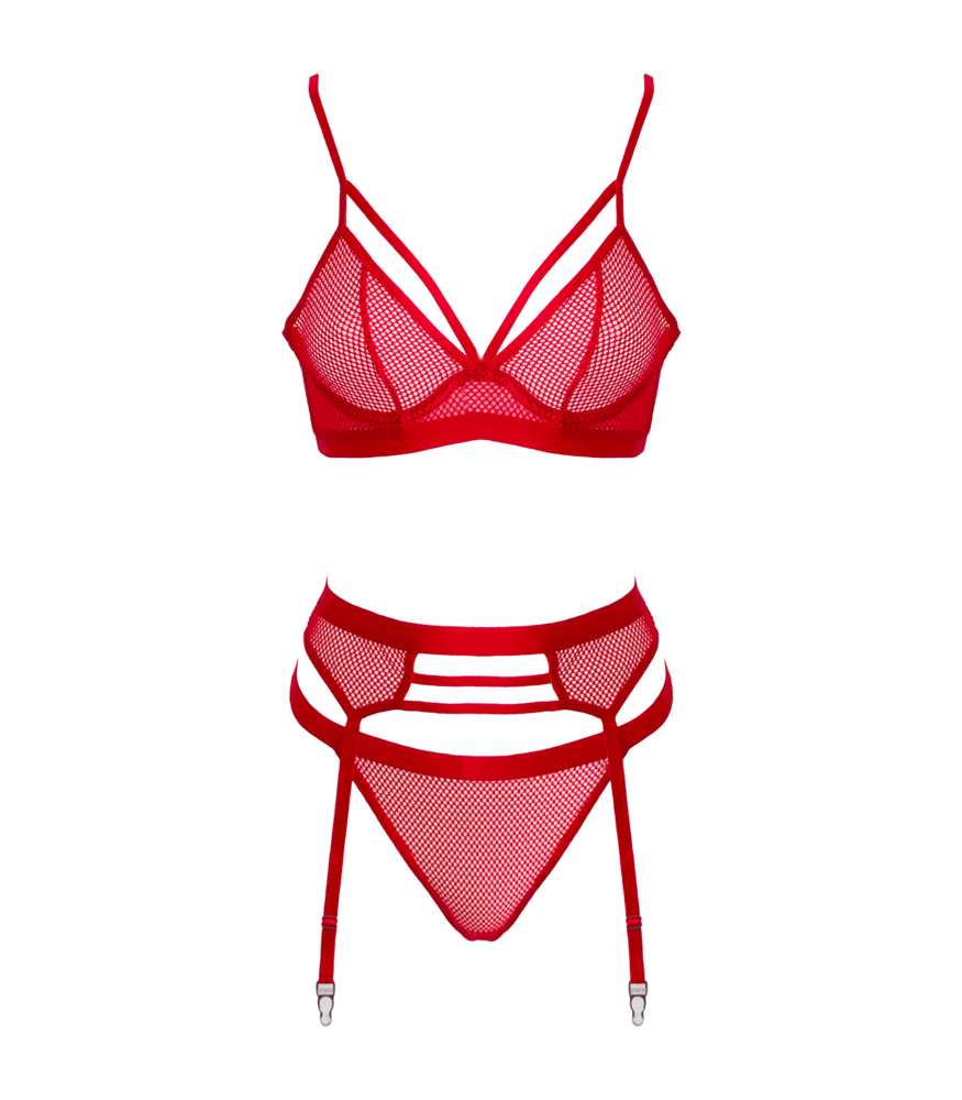 Muse Lingerie Fetish Play Sexy Bra and Panty Set Red with Harness Design - Red Extra Large - Her Fetish