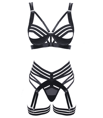 Muse Fetish Play Sexy Womens Lingerie Set Black Complete 5 Piece Ensemble - Her Fetish