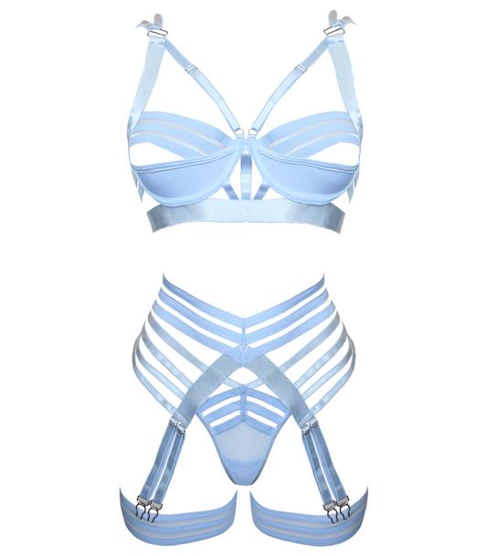 Muse Fetish Play Sexy Womens Lingerie Set Blue Four Piece Complete Set - Blue Large - Her Fetish