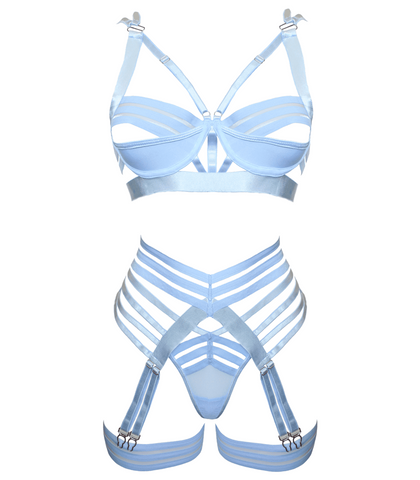 Muse Fetish Play Sexy Womens Lingerie Set Blue Four Piece Complete Set - Her Fetish