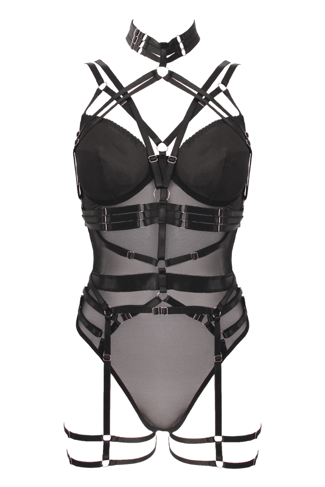 Muse Lingerie 3 Piece Bodysuit With Elastic Brace Top Sheer Mesh Design - Black Large - Her Fetish