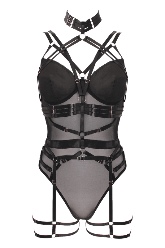 Muse Lingerie 3 Piece Bodysuit With Elastic Brace Top Sheer Mesh Design - Black Large - Her Fetish
