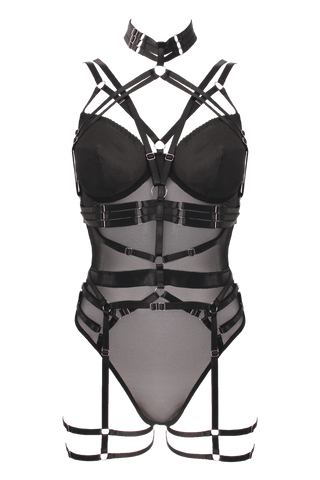 Muse Lingerie 3 Piece Bodysuit With Elastic Brace Top Sheer Mesh Design - Her Fetish