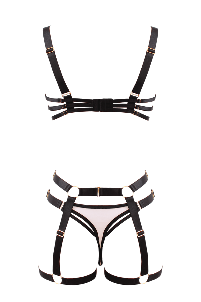 Muse Bra and Panty Set With Elastic Leg Garter Belt Nude Black Contrast - - Her Fetish