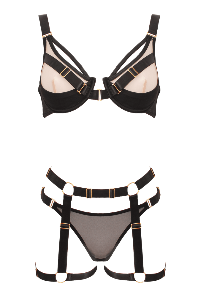 Muse Bra and Panty Set With Elastic Leg Garter Belt Nude Black Contrast - Black Large - Her Fetish