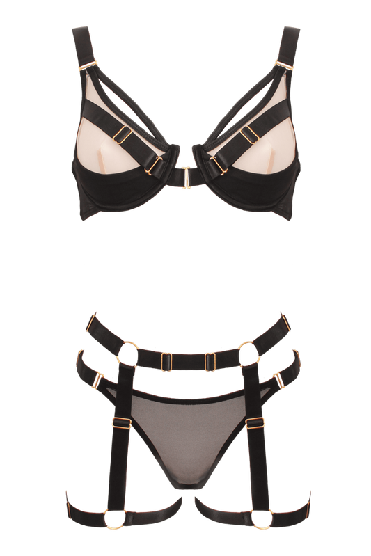Muse Bra and Panty Set With Elastic Leg Garter Belt Nude Black Contrast - Black Large - Her Fetish