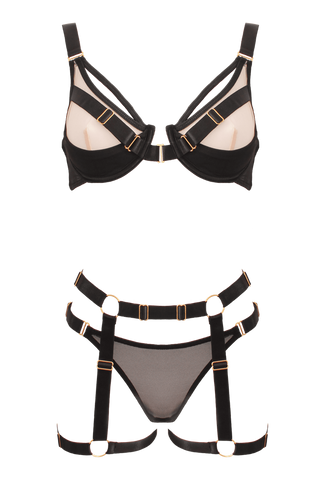Muse Bra and Panty Set With Elastic Leg Garter Belt Nude Black Contrast - Her Fetish