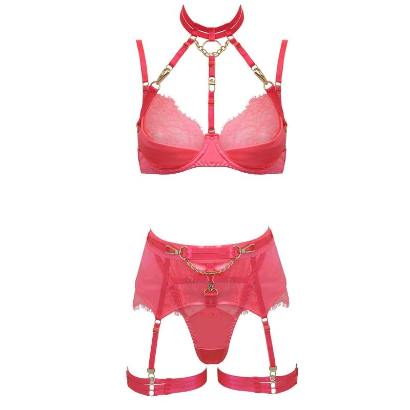 Muse 5 Piece BDSM Play Womens Lingerie Set Pink Electric Coral Harness - PInk Extra Large - Her Fetish