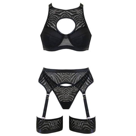 Muse 5 Piece Fetish Play Sexy Womens Lingerie Set Black Velvet Zebra Print - Her Fetish